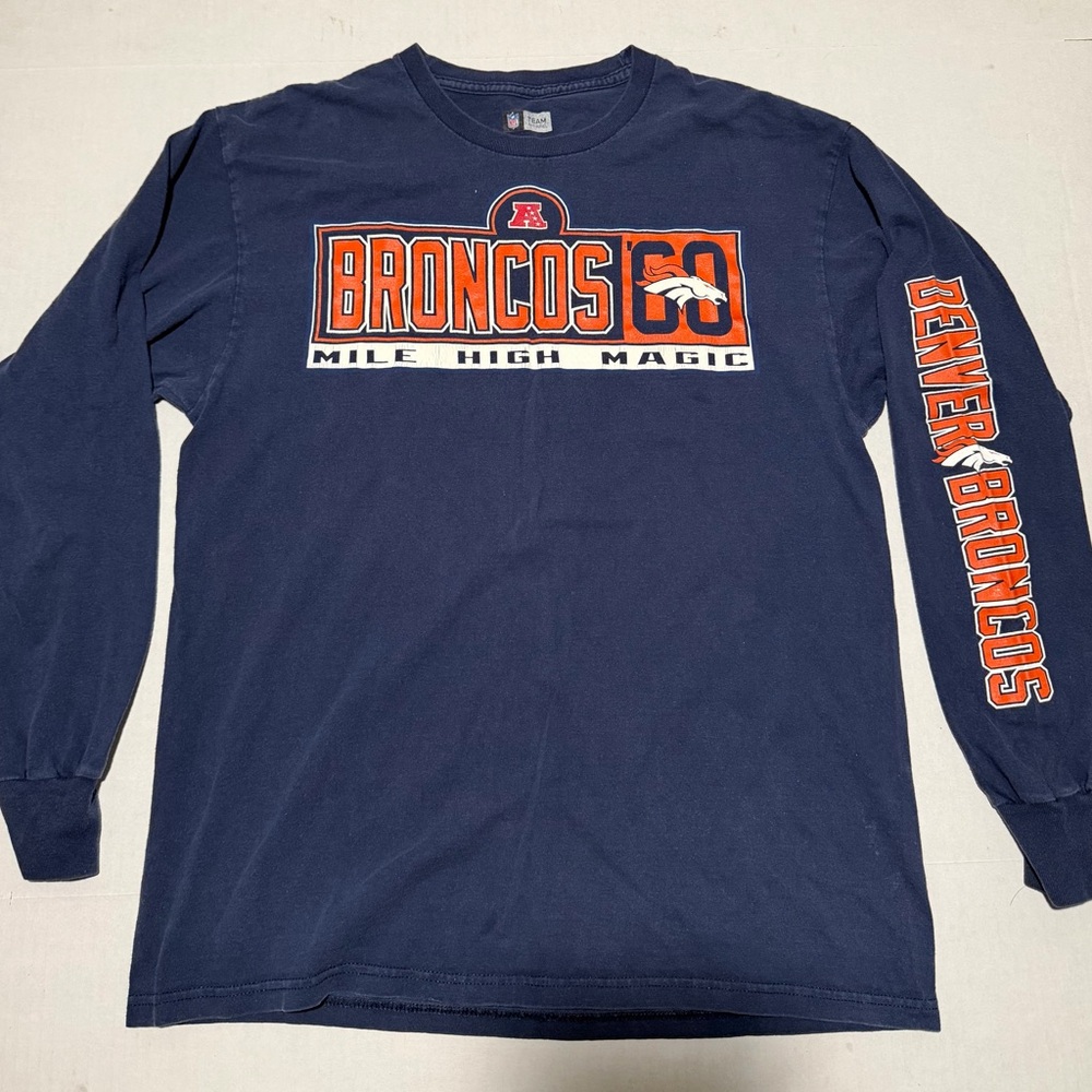 vtg‎ nfl team apparel ls blue, broncos, sleeve design, men's large t-shirt